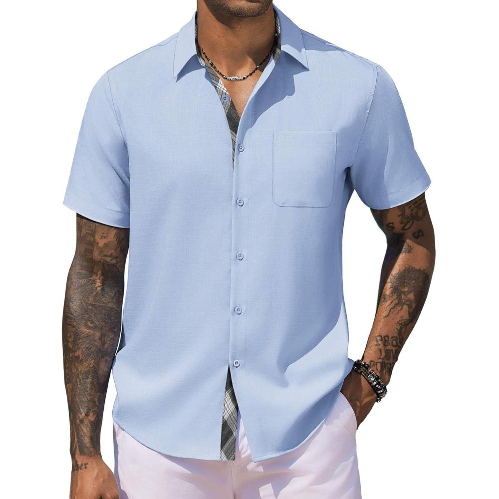 imageCOOFANDY Mens Button Down Shirts Short Sleeve Casual Linen Shirts for Men Summer Beach Wedding ShirtLight Blue
