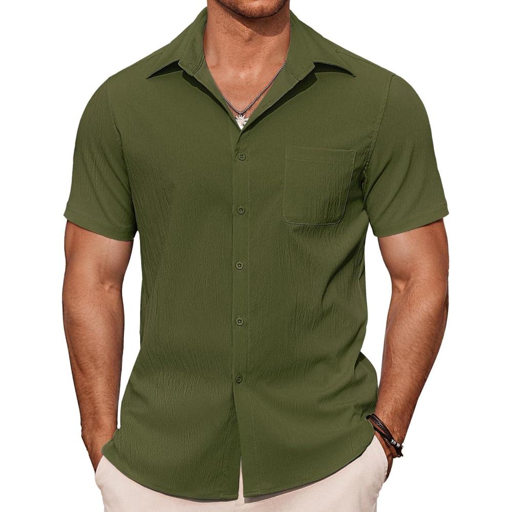 imageCOOFANDY Mens Casual Button Down Shirts Short Sleeve Summer Beach Vacation ShirtsArmy Green