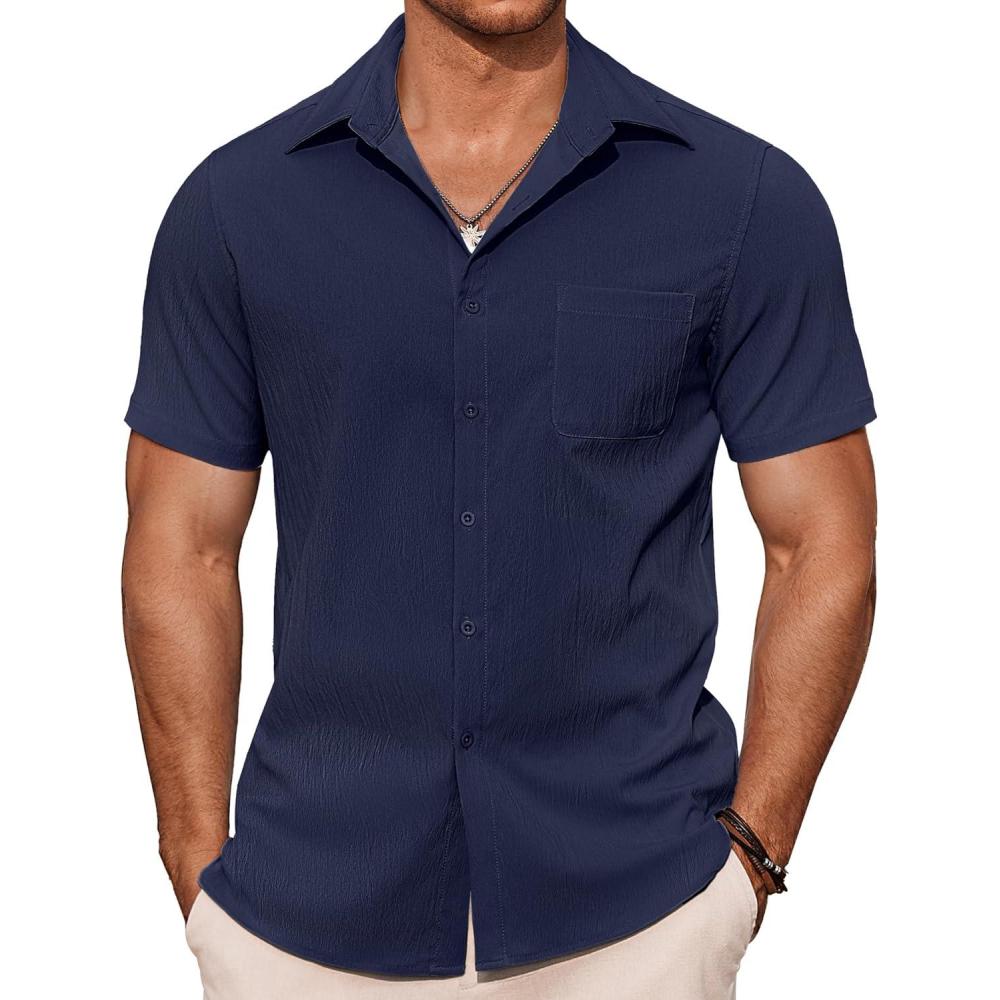 imageCOOFANDY Mens Casual Button Down Shirts Short Sleeve Summer Beach Vacation ShirtsNavy Blue