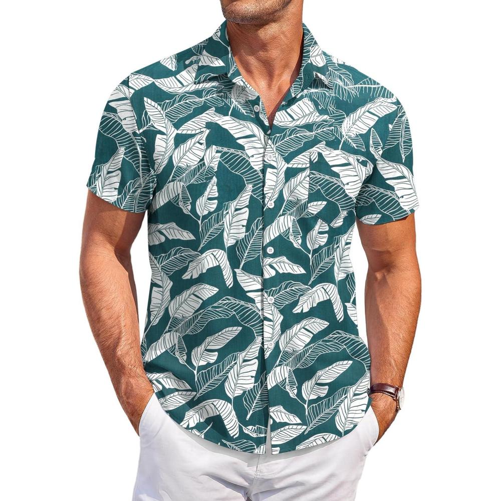 imageCOOFANDY Mens Casual Button Down Shirts Short Sleeve Summer Beach Vacation Untucked Dress Shirts with PocketLeafdeep Green