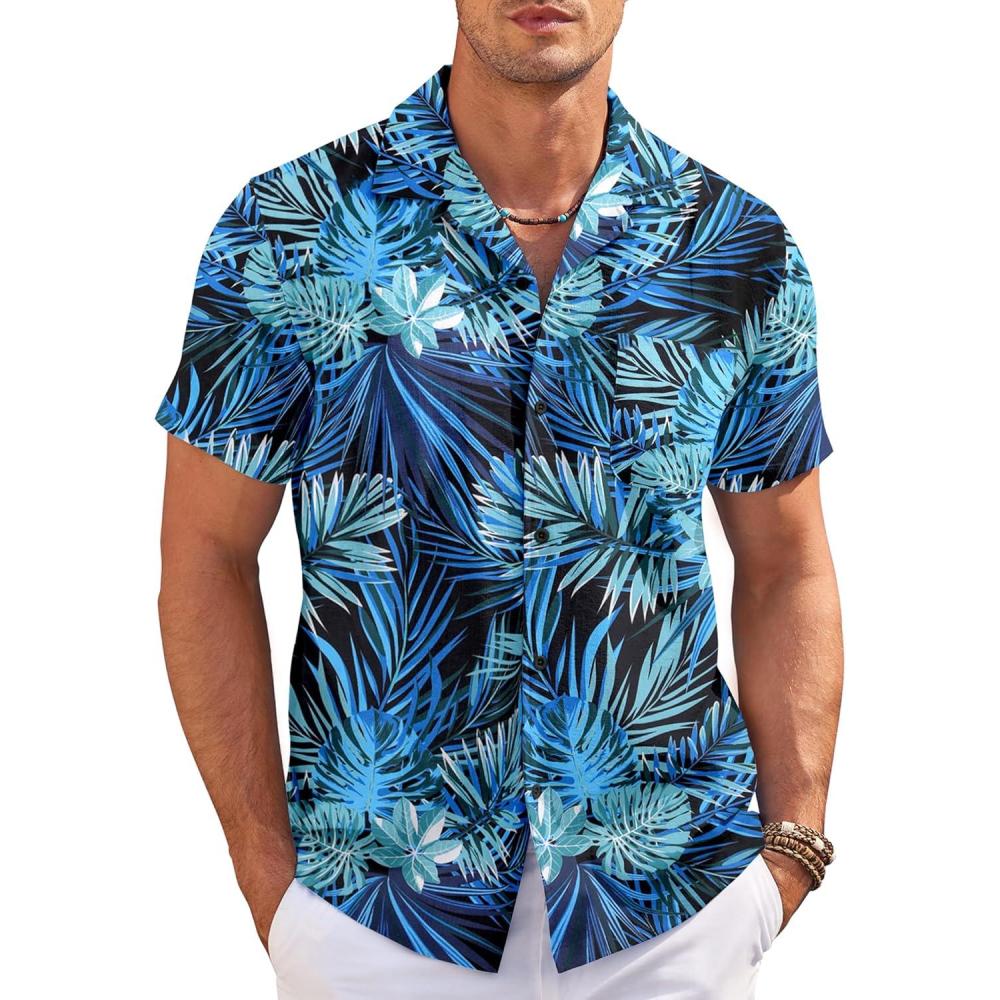 imageCOOFANDY Mens Casual Button Down Shirts Short Sleeve Summer Cuban Vacation Beach ShirtsGreen Leaf