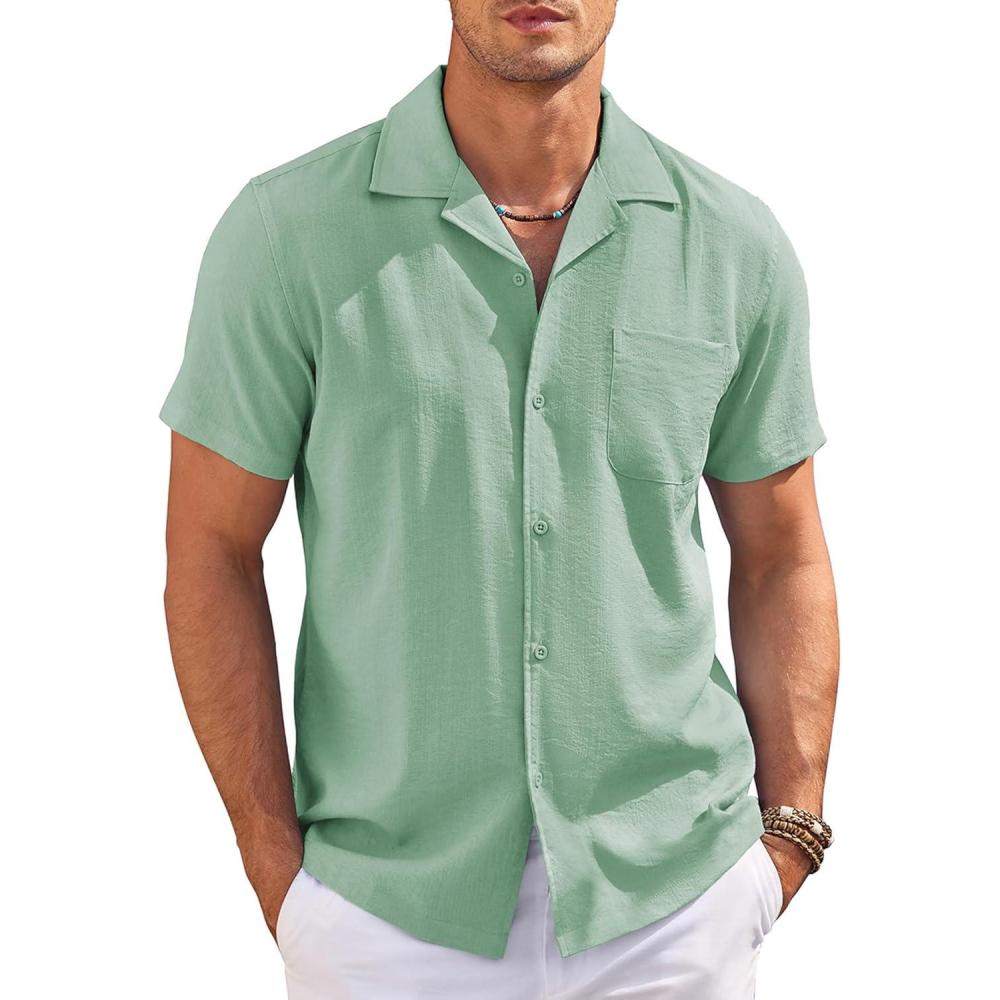 imageCOOFANDY Mens Casual Button Down Shirts Short Sleeve Summer Cuban Vacation Beach ShirtsLight Army Green