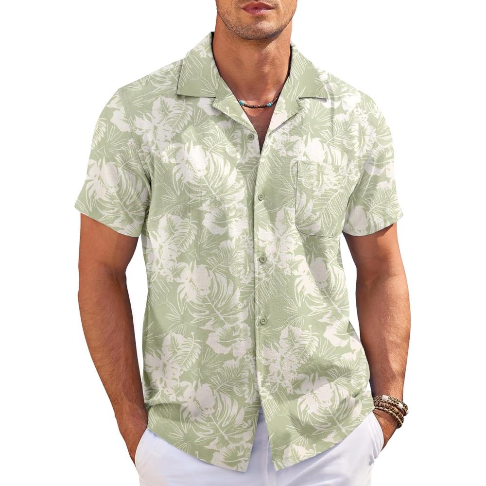 imageCOOFANDY Mens Casual Button Down Shirts Short Sleeve Summer Cuban Vacation Beach ShirtsLight Green White Leaf
