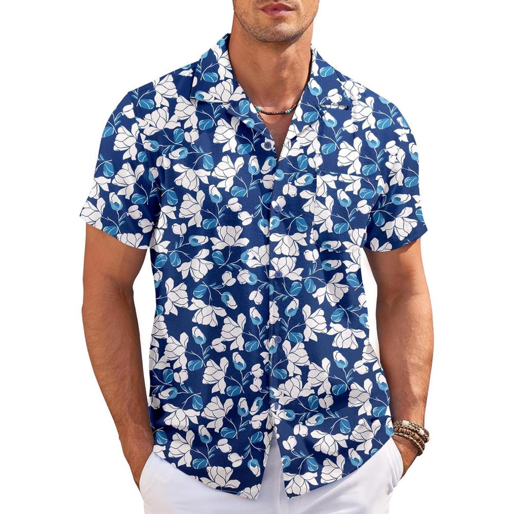 imageCOOFANDY Mens Casual Button Down Shirts Short Sleeve Summer Cuban Vacation Beach ShirtsNavy Blue Floral