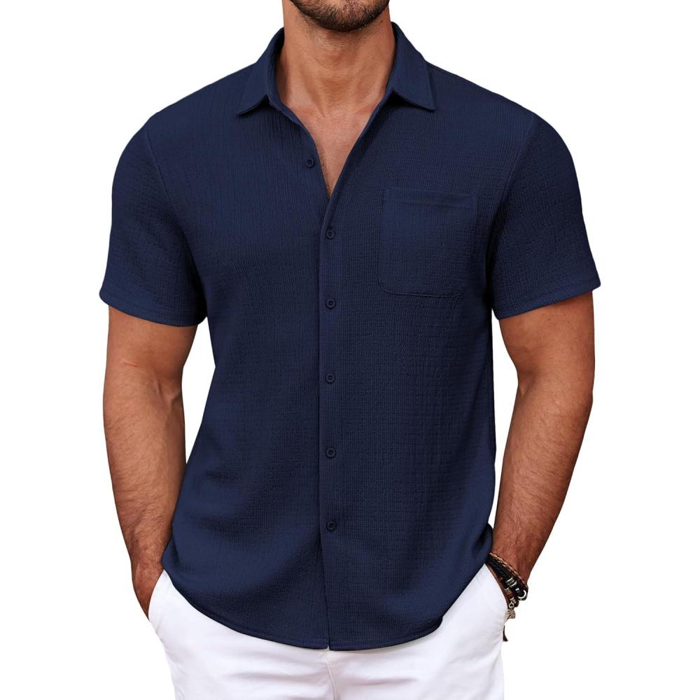 imageCOOFANDY Mens Casual Button Down Shirts Short Sleeve Textured Shirt Summer Untucked Vacation Beach Wedding ShirtsNavy Blue
