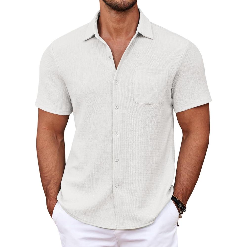 imageCOOFANDY Mens Casual Button Down Shirts Short Sleeve Textured Shirt Summer Untucked Vacation Beach Wedding ShirtsWhite