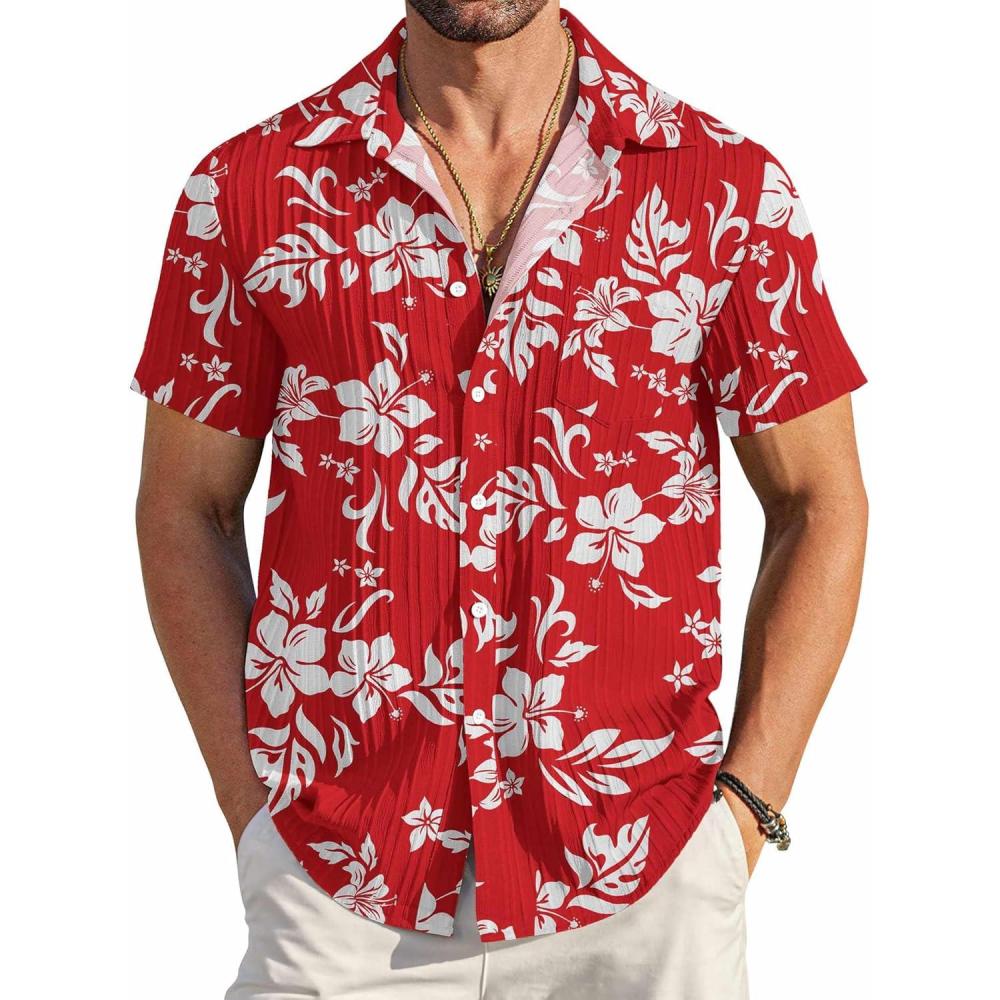 imageCOOFANDY Mens Casual Button Down Shirts Short Sleeve Textured Summer Beach Shirt with PocketRed White Floral