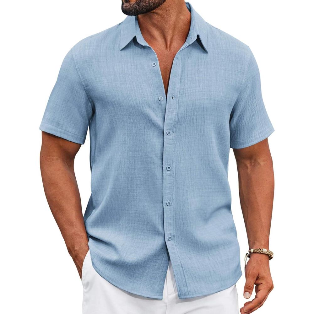 imageCOOFANDY Mens Casual Button Down Shirts Short Sleeve Textured Summer Beach ShirtBeau Blue