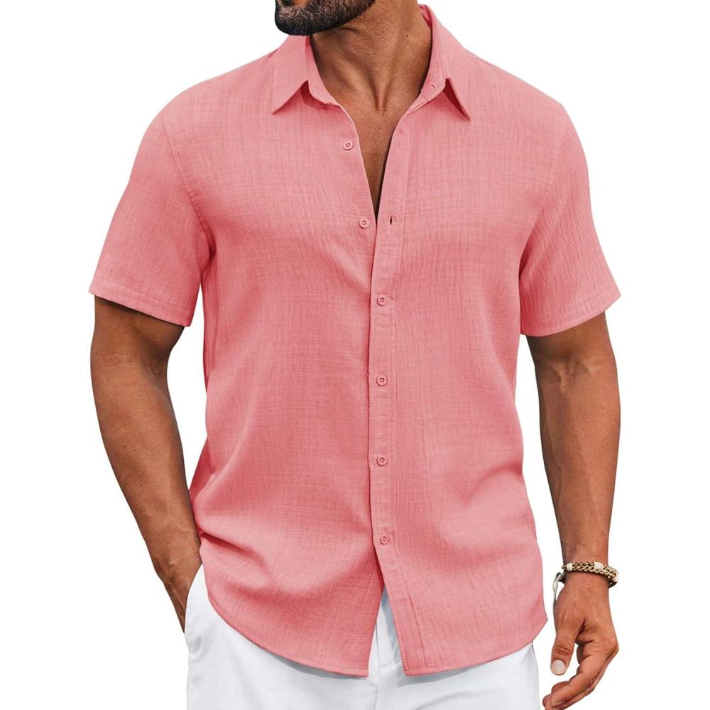 imageCOOFANDY Mens Casual Button Down Shirts Short Sleeve Textured Summer Beach ShirtChampagne Pink