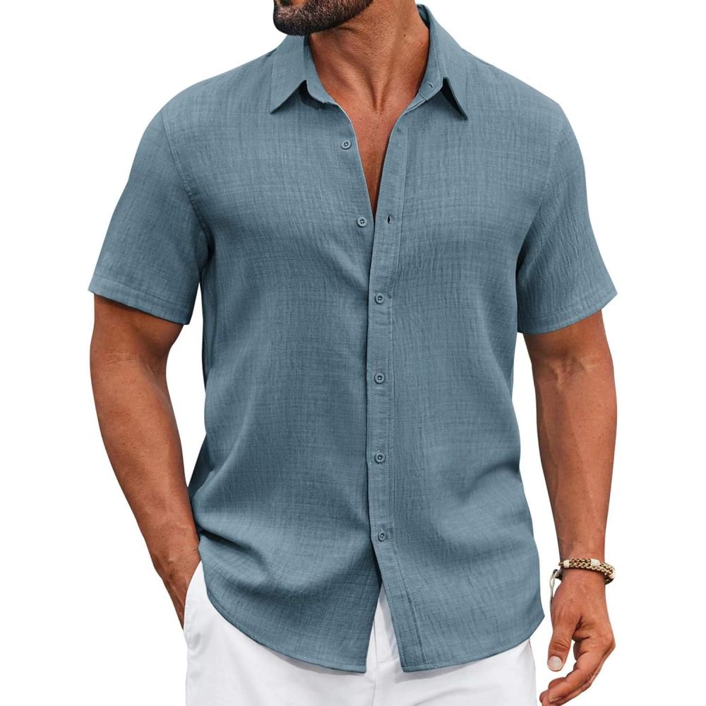imageCOOFANDY Mens Casual Button Down Shirts Short Sleeve Textured Summer Beach ShirtDark Blue