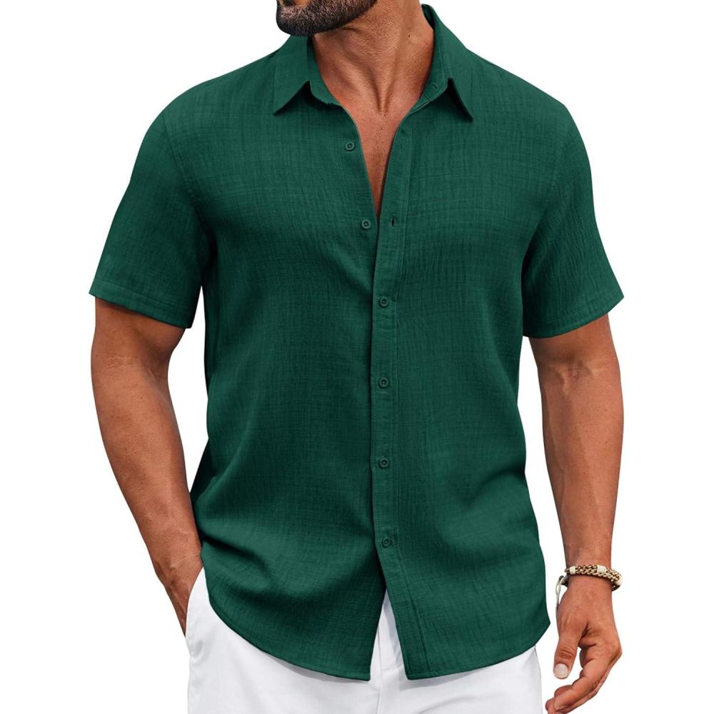 imageCOOFANDY Mens Casual Button Down Shirts Short Sleeve Textured Summer Beach ShirtDark Green