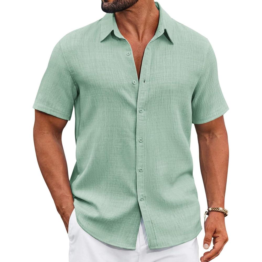 imageCOOFANDY Mens Casual Button Down Shirts Short Sleeve Textured Summer Beach ShirtMint Green
