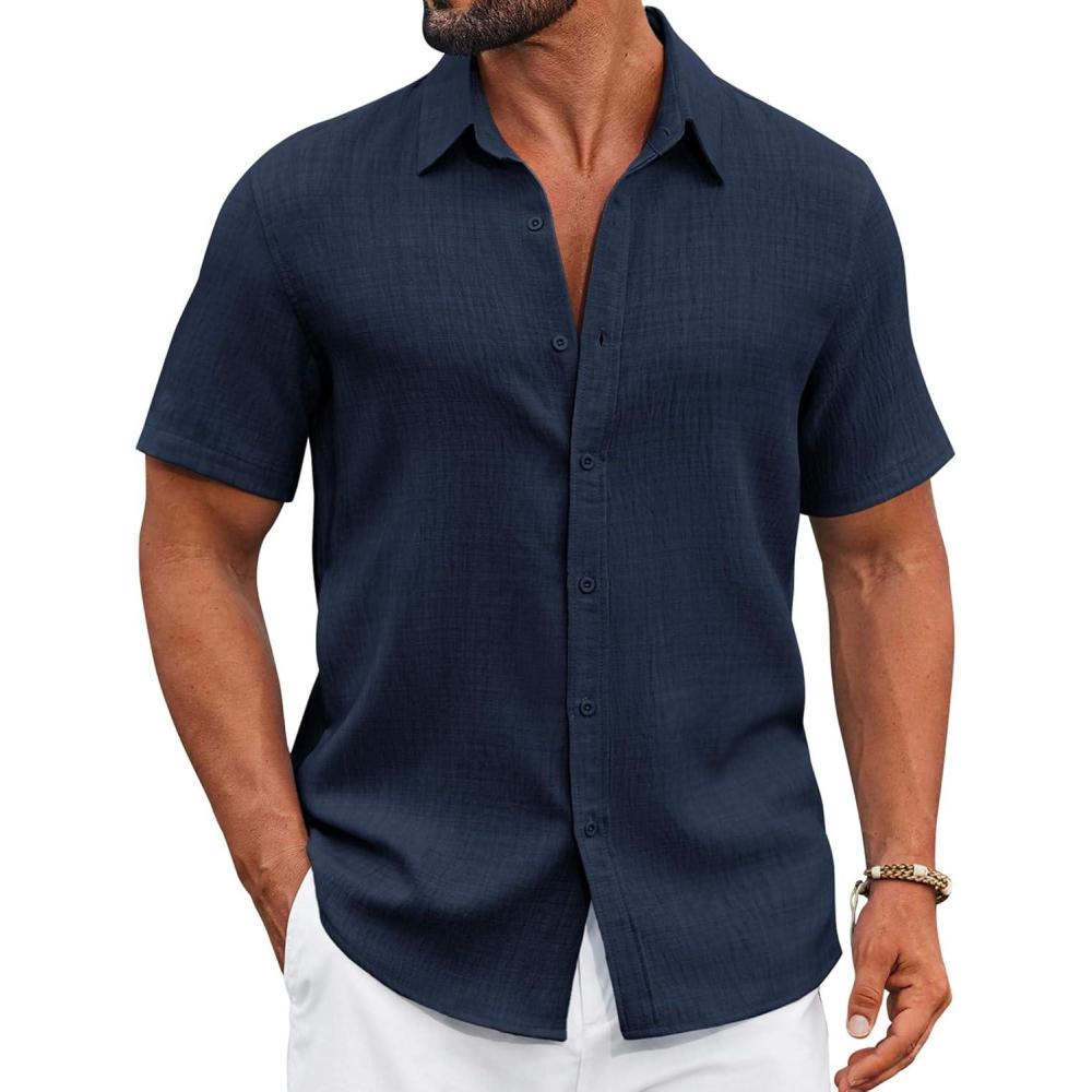 imageCOOFANDY Mens Casual Button Down Shirts Short Sleeve Textured Summer Beach ShirtNavy Blue
