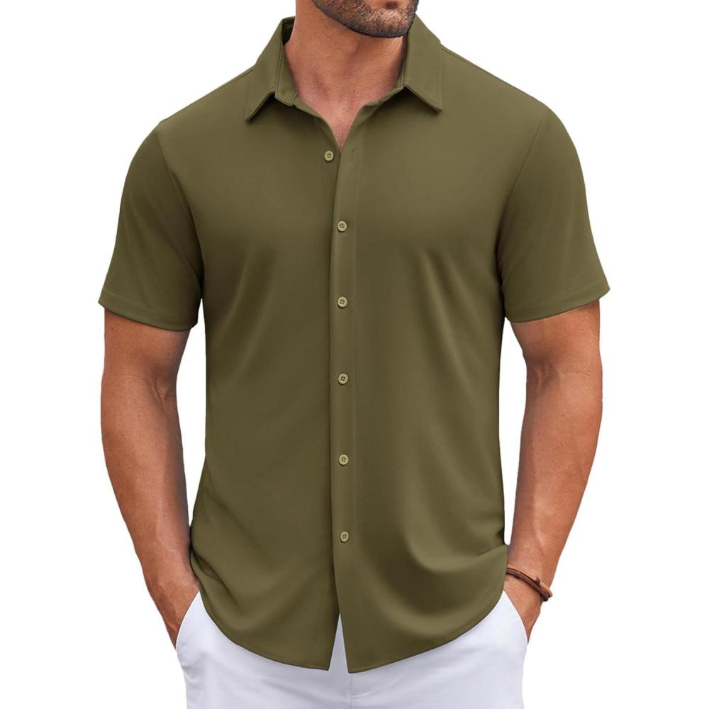 imageCOOFANDY Mens Casual Button Down Shirts Short Sleeve Wrinkle Free Shirt Untucked Summer Stretch Dress ShirtArmy Green