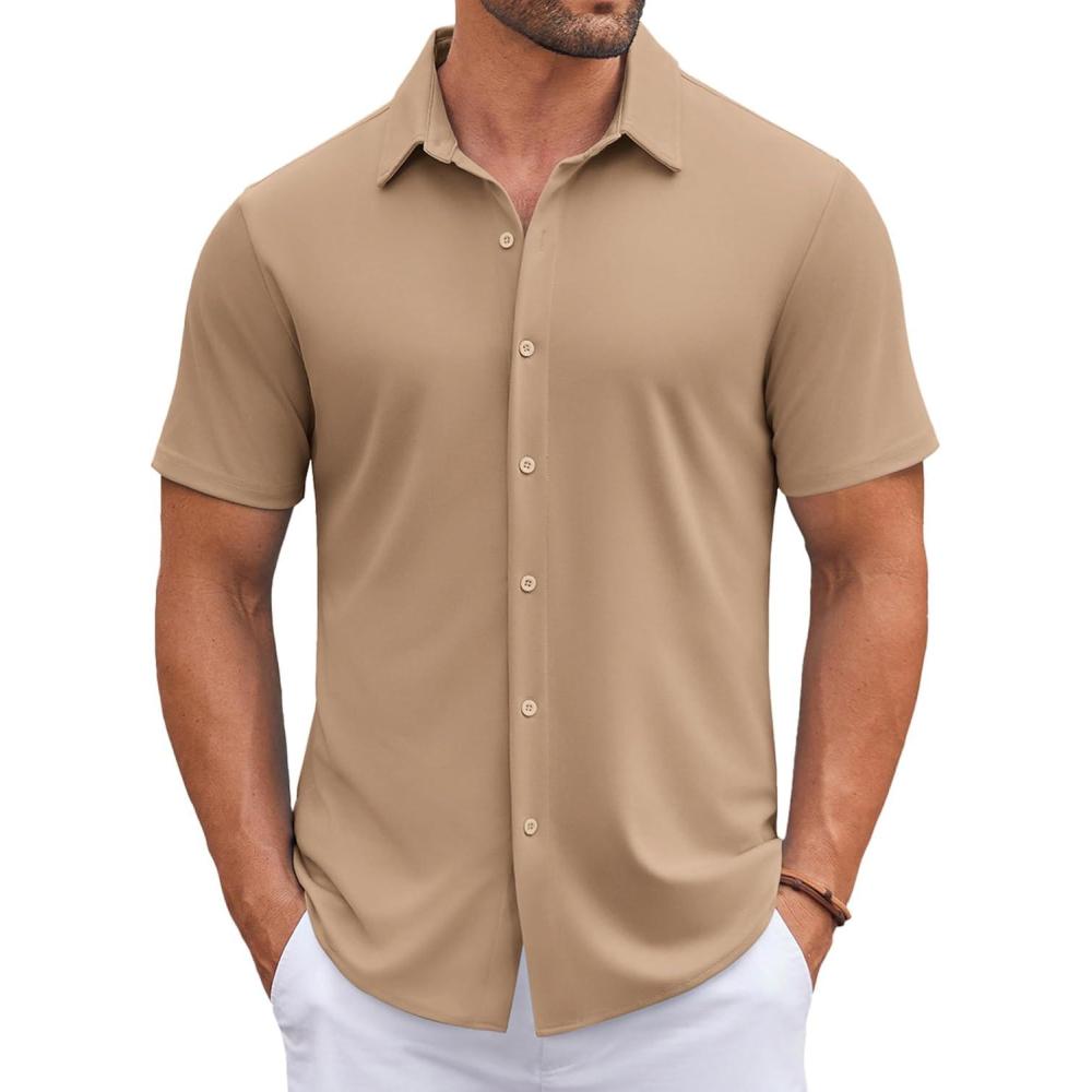 imageCOOFANDY Mens Casual Button Down Shirts Short Sleeve Wrinkle Free Shirt Untucked Summer Stretch Dress ShirtKhaki