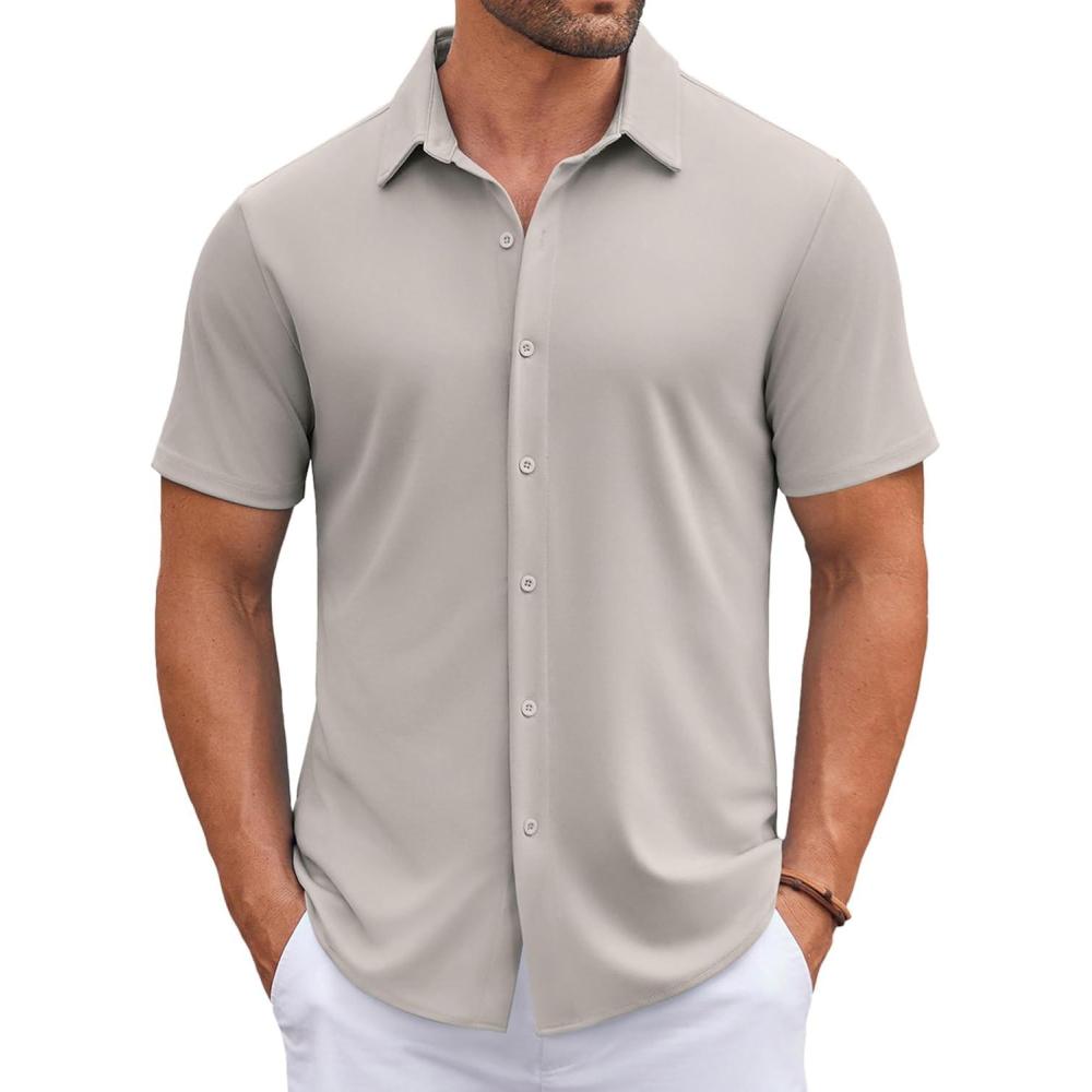 imageCOOFANDY Mens Casual Button Down Shirts Short Sleeve Wrinkle Free Shirt Untucked Summer Stretch Dress ShirtLight Gray