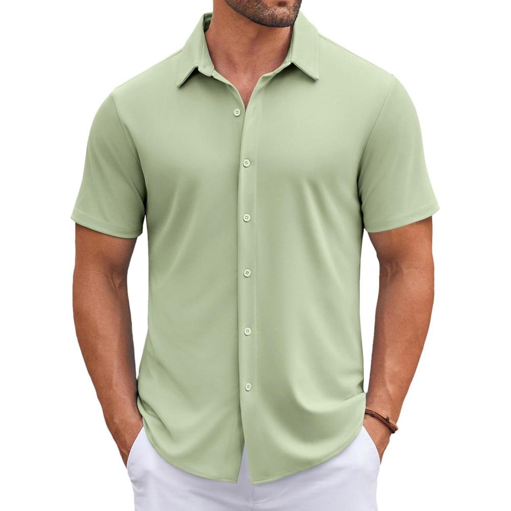 imageCOOFANDY Mens Casual Button Down Shirts Short Sleeve Wrinkle Free Shirt Untucked Summer Stretch Dress ShirtLight Green