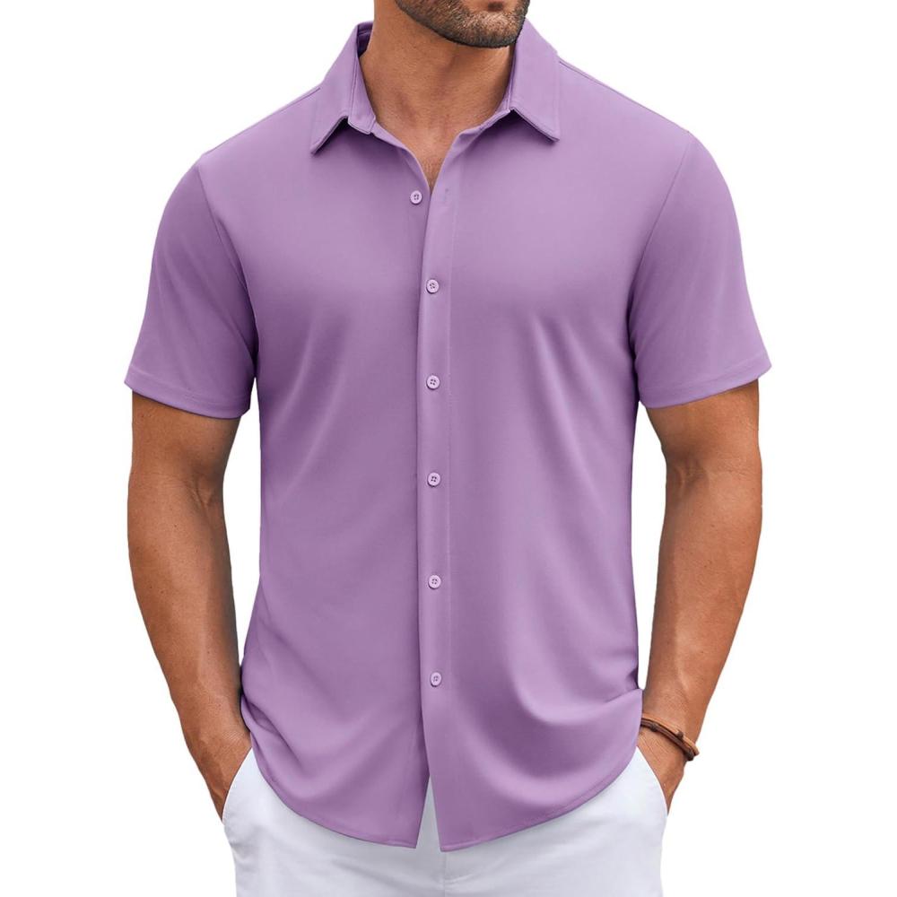 imageCOOFANDY Mens Casual Button Down Shirts Short Sleeve Wrinkle Free Shirt Untucked Summer Stretch Dress ShirtPurple