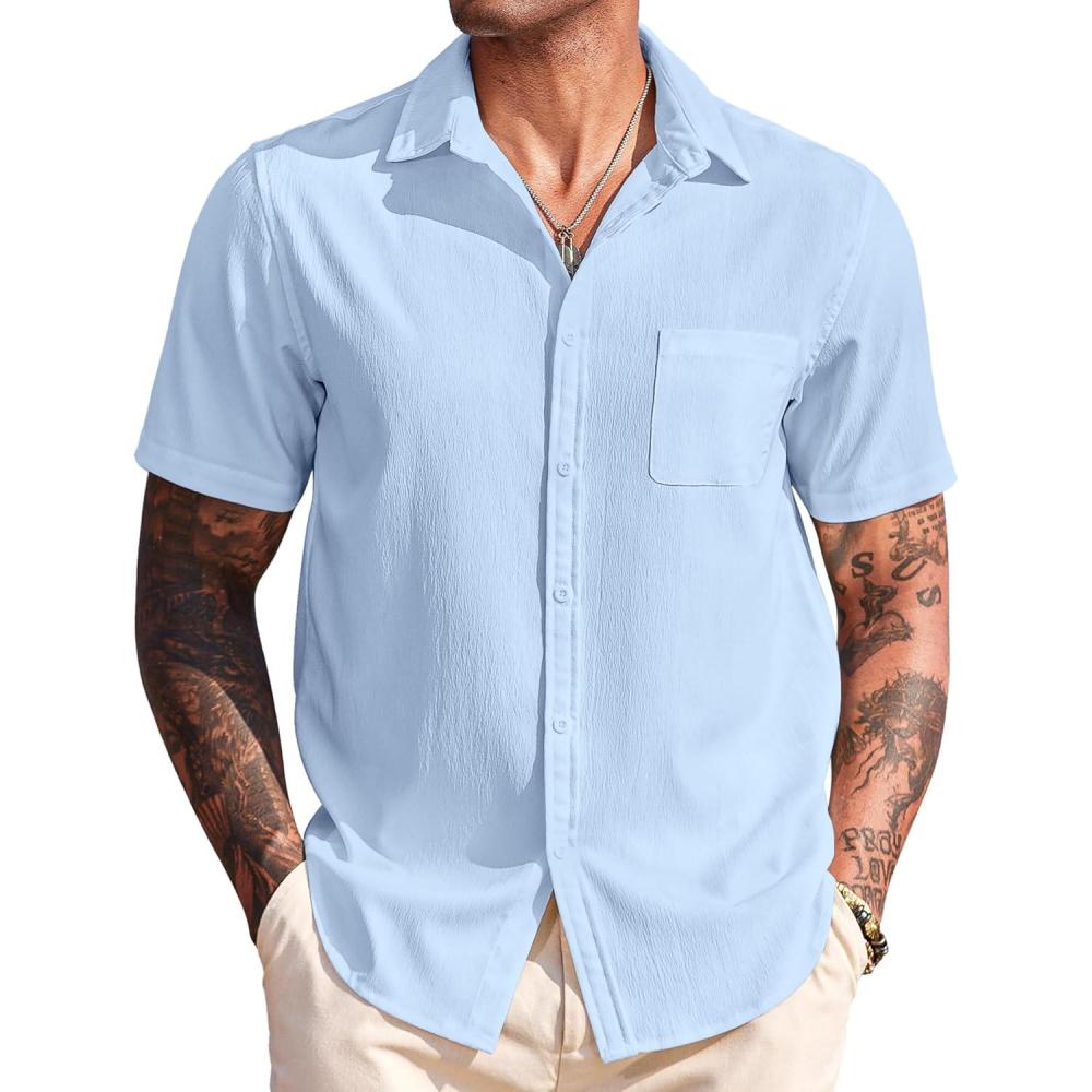 imageCOOFANDY Mens Casual Short Sleeve Button Down Summer Beach Shirt Lightweight Textured Wrinkle Free Untucked ShirtsAngel Falls