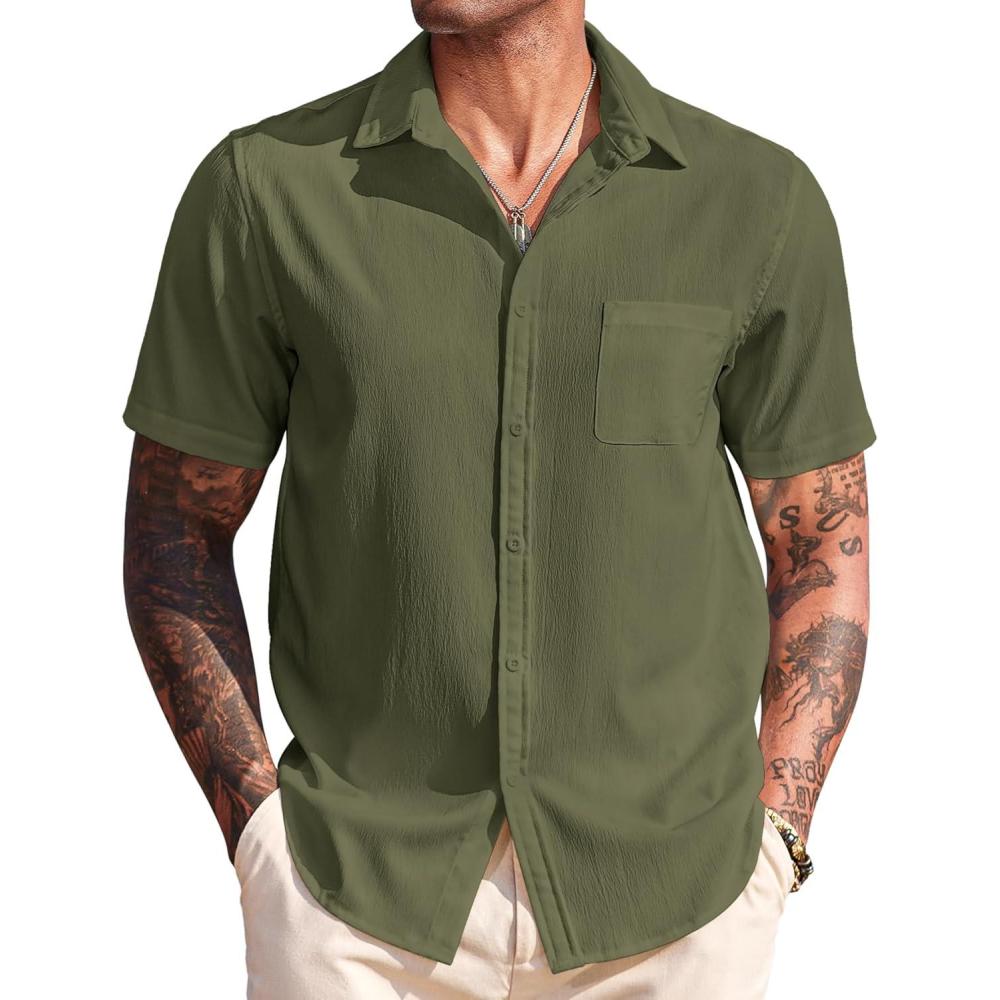 imageCOOFANDY Mens Casual Short Sleeve Button Down Summer Beach Shirt Lightweight Textured Wrinkle Free Untucked ShirtsChive