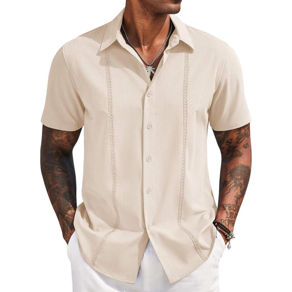 imageCOOFANDY Mens Cuban Guayabera Short Sleeve Shirt Casual Summer Beach Tops Button Down Untucked ShirtsBeige
