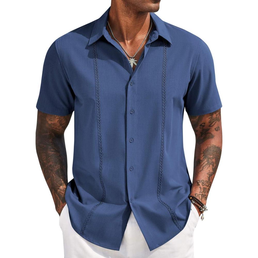 imageCOOFANDY Mens Cuban Guayabera Short Sleeve Shirt Casual Summer Beach Tops Button Down Untucked ShirtsDark Blue