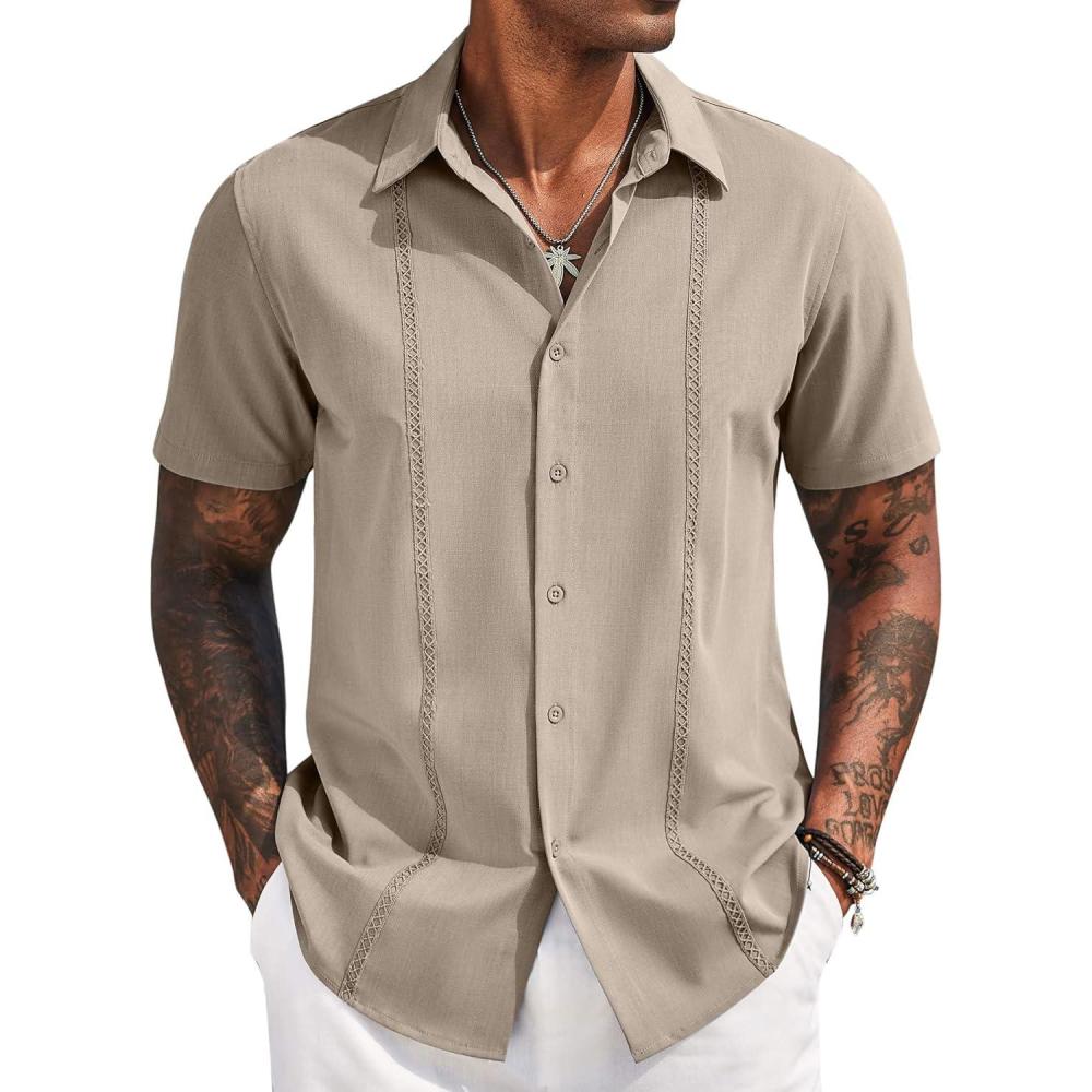 imageCOOFANDY Mens Cuban Guayabera Short Sleeve Shirt Casual Summer Beach Tops Button Down Untucked ShirtsKhaki