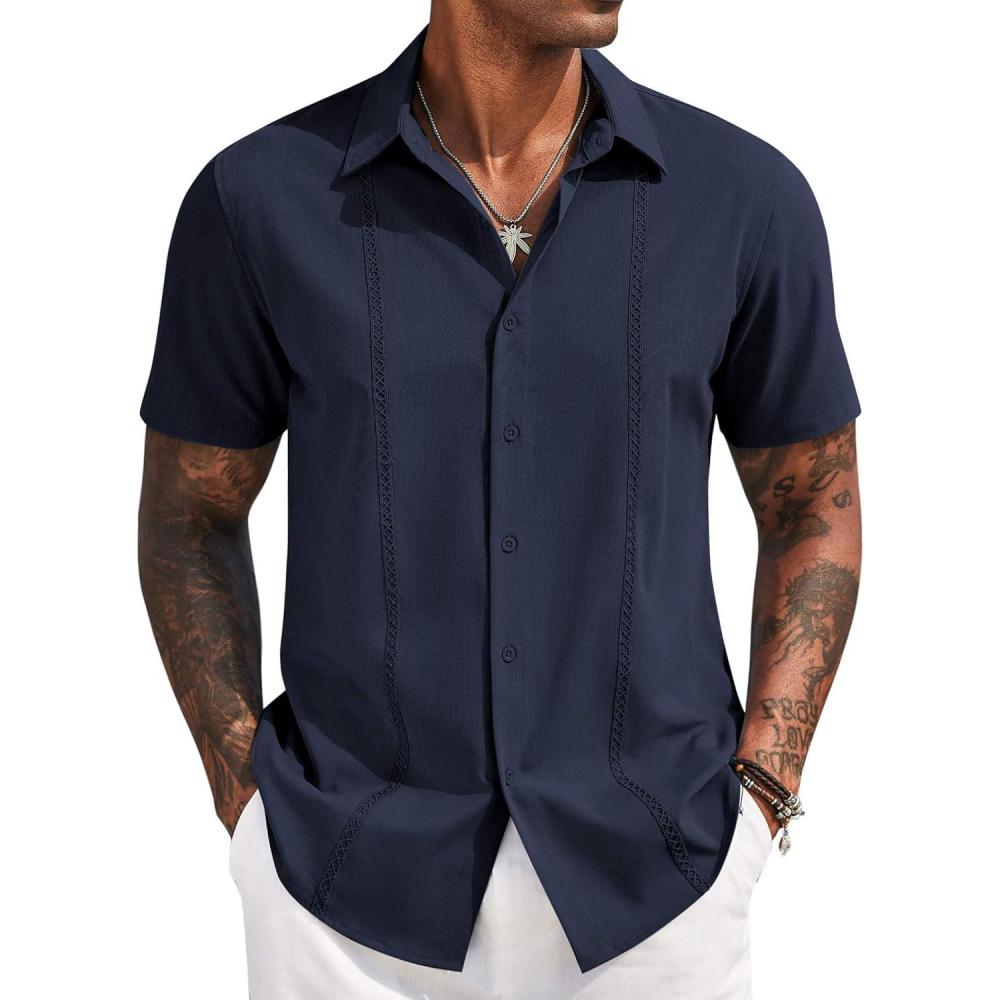 imageCOOFANDY Mens Cuban Guayabera Short Sleeve Shirt Casual Summer Beach Tops Button Down Untucked ShirtsNavy Blue