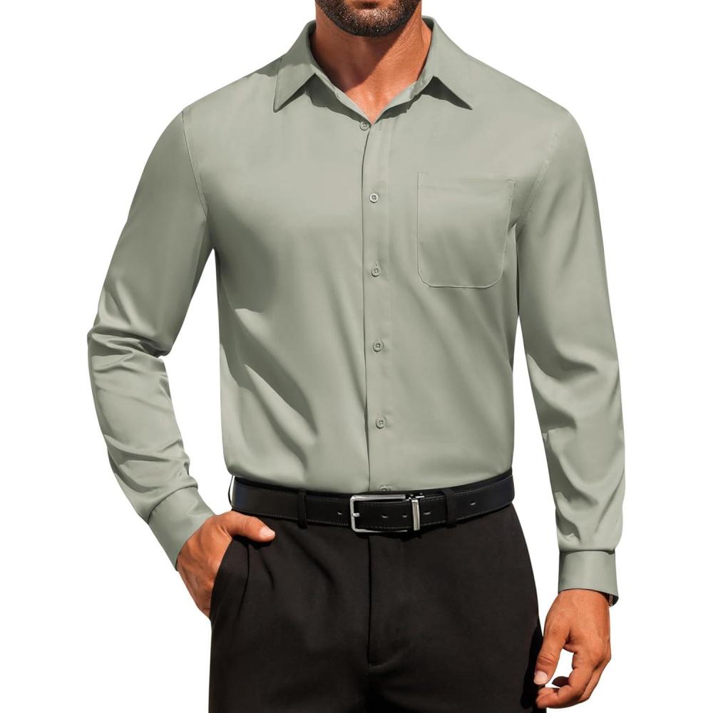 imageCOOFANDY Mens Dress Shirt Solid Long Sleeve Wrinkle Free Formal Shirt Business Button Down Shirts with PocketLight Green