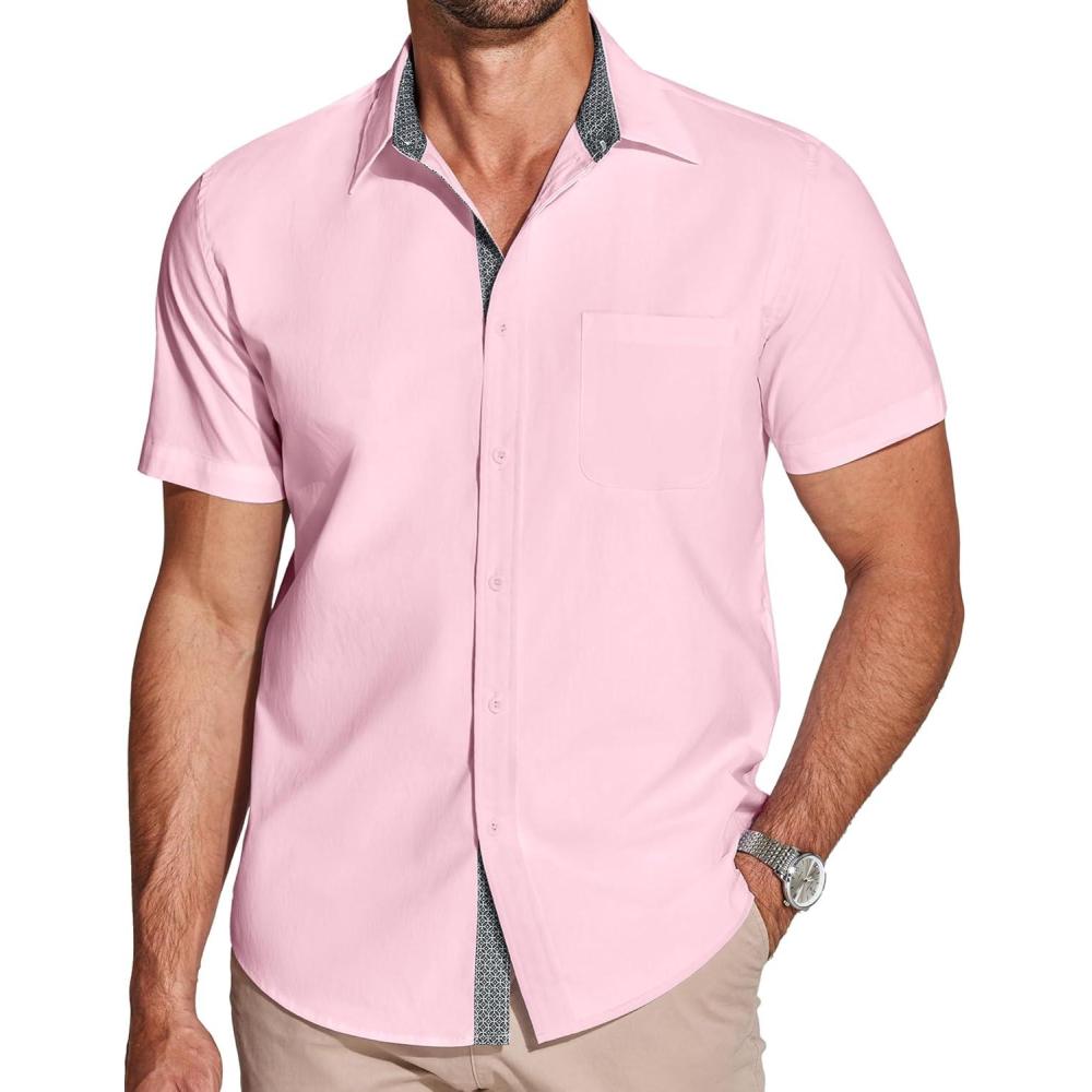 imageCOOFANDY Mens Dress Shirt Wrinkle Free Regular Fit Stretch Short Sleeve Button Down ShirtsLight Pink
