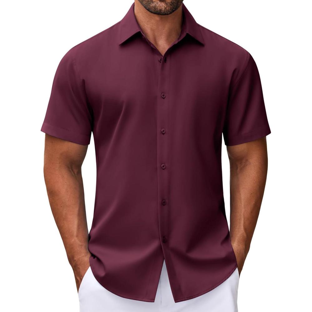 imageCOOFANDY Mens Dress Shirts Button Down Short Sleeve Shirt Summer Shirts Business Casual Wedding ShirtDeep Red