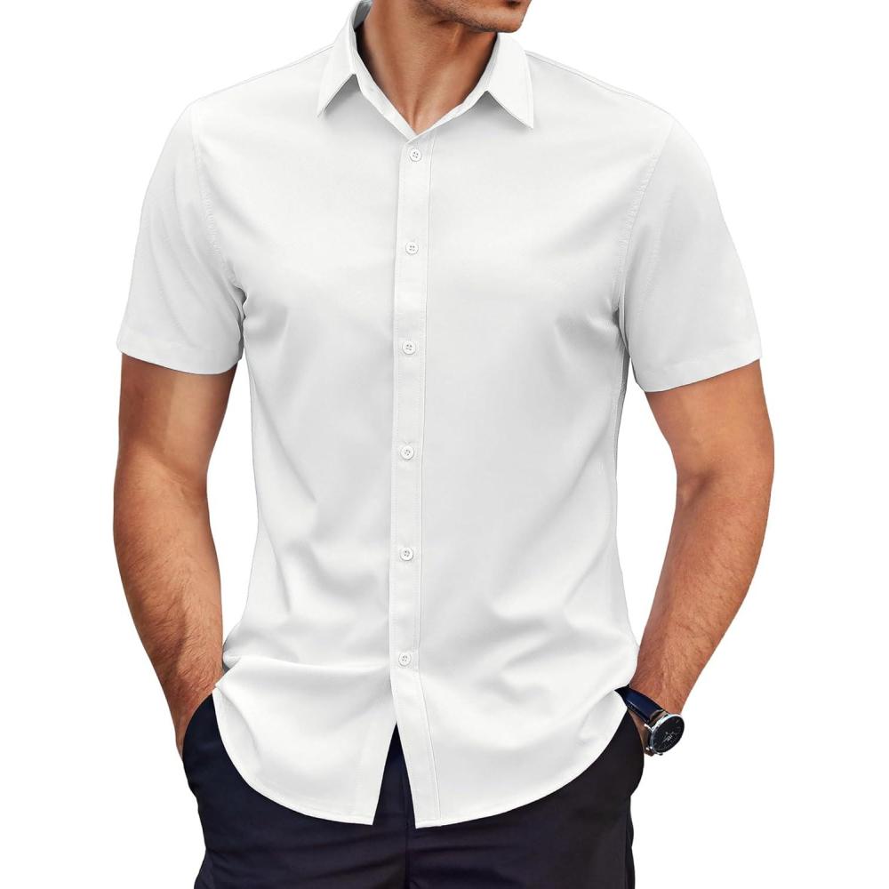 imageCOOFANDY Mens Dress Shirts Short Sleeve Wrinkle Free Business Textured Shirt Casual Button Down ShirtsWhite