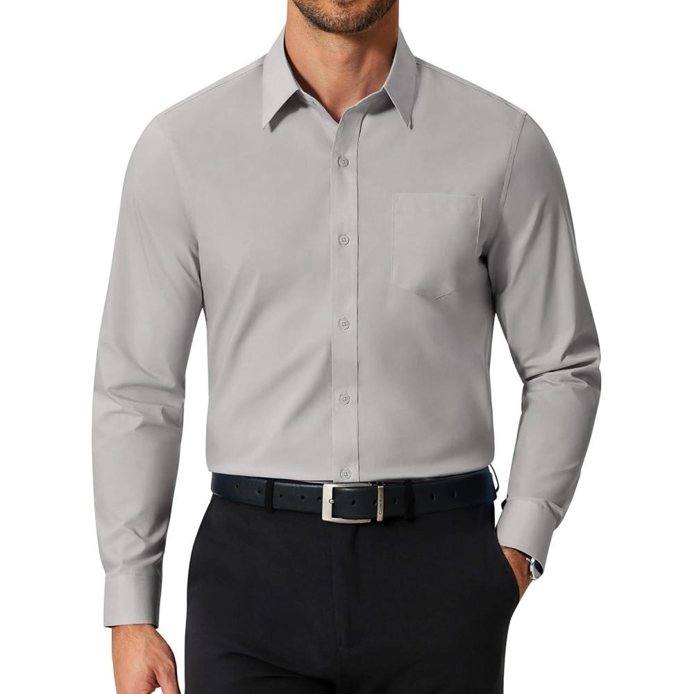 imageCOOFANDY Mens Dress Shirts Stain Shield Long Sleeve Button Down Shirt for Men Soild Business Formal Wedding Dress ShirtsLight Grey
