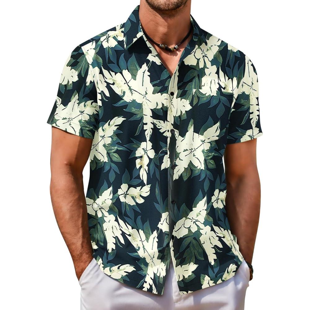 imageCOOFANDY Mens Hawaiian Shirt Short Sleeve Button Down Shirt Tropical Summer Beach ShirtLeafgreen White