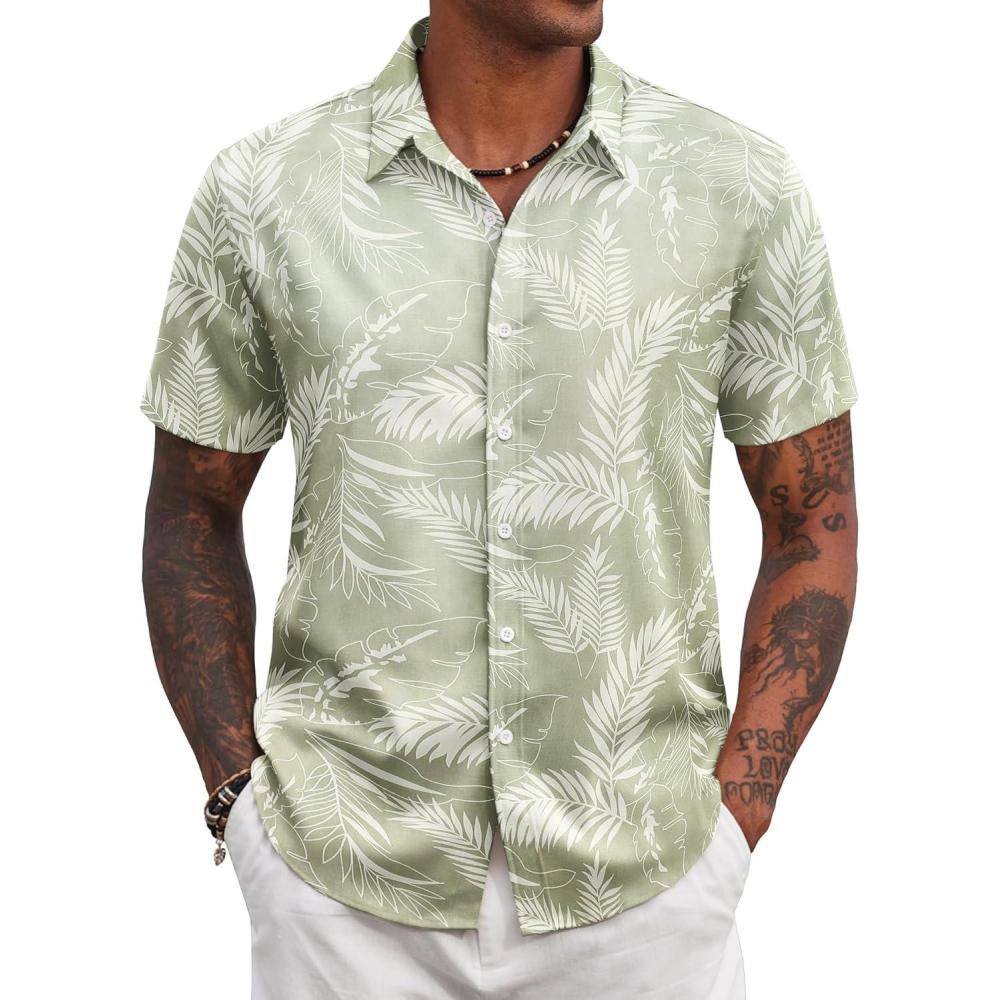 imageCOOFANDY Mens Hawaiian Shirts Short Sleeve Tropical Button Down Shirt Floral Shirt Summer Beach ShirtApalm Leaf Green
