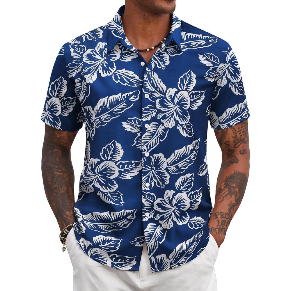 imageCOOFANDY Mens Hawaiian Shirts Short Sleeve Tropical Button Down Shirt Floral Shirt Summer Beach ShirtFlowersleaf Navy