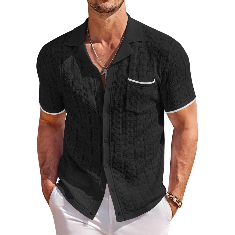 imageCOOFANDY Mens Knit Button Down Shirt Short Sleeve Vintage Polo Shirts Summer Casual Beach TopsBlackwhite