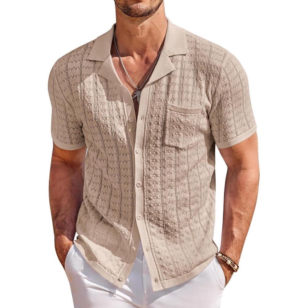 imageCOOFANDY Mens Knit Button Down Shirt Short Sleeve Vintage Polo Shirts Summer Casual Beach TopsKhaki