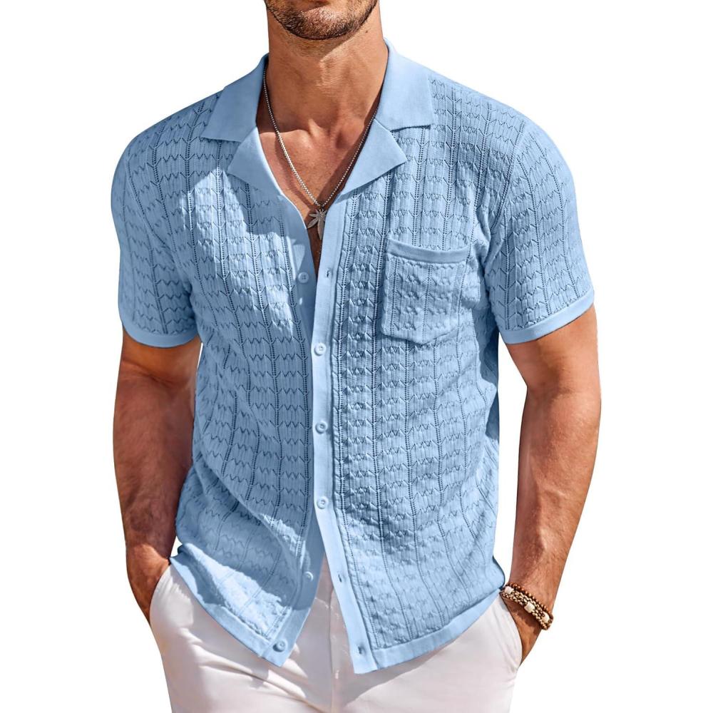 imageCOOFANDY Mens Knit Button Down Shirt Short Sleeve Vintage Polo Shirts Summer Casual Beach TopsLight Blue
