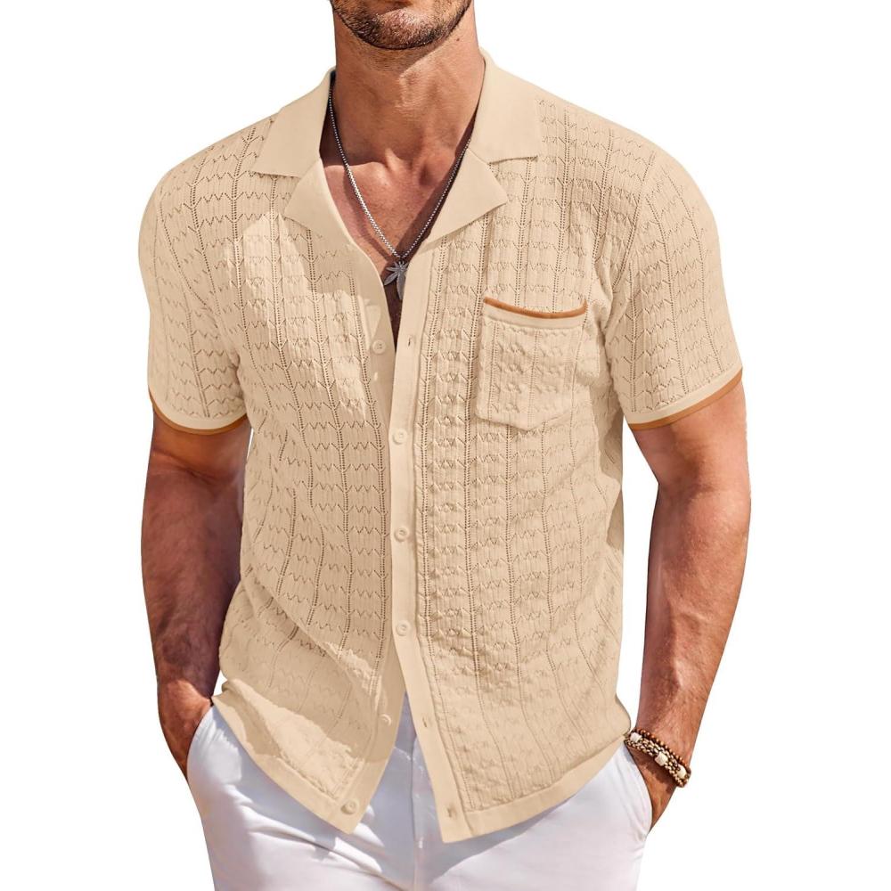 imageCOOFANDY Mens Knit Button Down Shirt Short Sleeve Vintage Polo Shirts Summer Casual Beach TopsLight Khakibrown