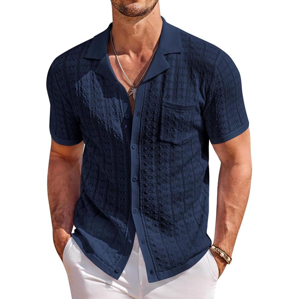 imageCOOFANDY Mens Knit Button Down Shirt Short Sleeve Vintage Polo Shirts Summer Casual Beach TopsNavy Blue