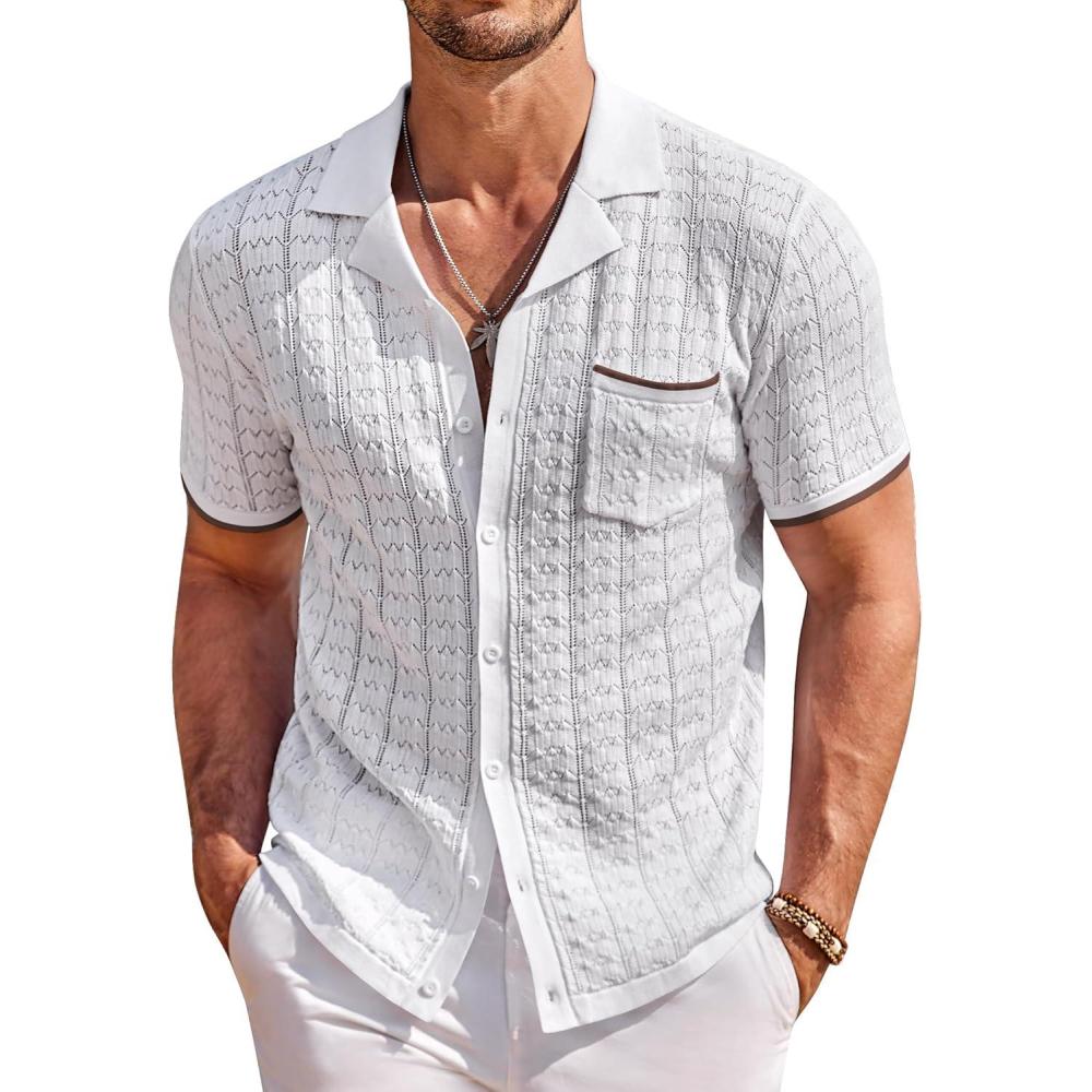 imageCOOFANDY Mens Knit Button Down Shirt Short Sleeve Vintage Polo Shirts Summer Casual Beach TopsWhitebrown