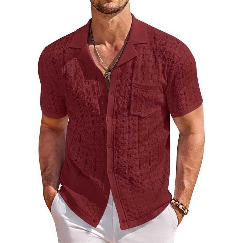 imageCOOFANDY Mens Knit Button Down Shirt Short Sleeve Vintage Polo Shirts Summer Casual Beach TopsWine Red