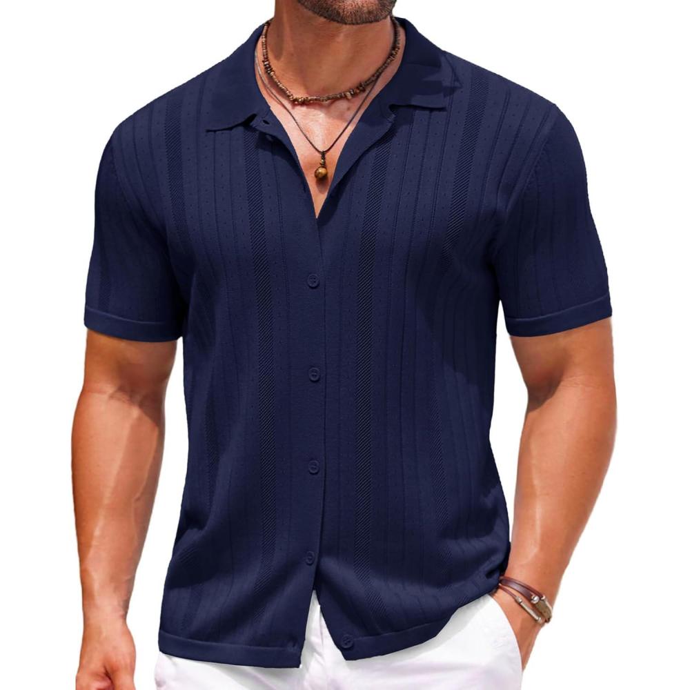 imageCOOFANDY Mens Knit Button Down Shirts Crochet Polo Shirts Vintage Short Sleeve Textured Shirts Summer Beach TopsNavy Blue