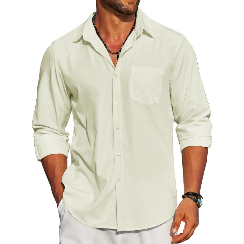 imageCOOFANDY Mens Linen Long Sleeve Shirts Casual Button Down Untucked Shirt Vacation Wedding Shirts with PocketCream
