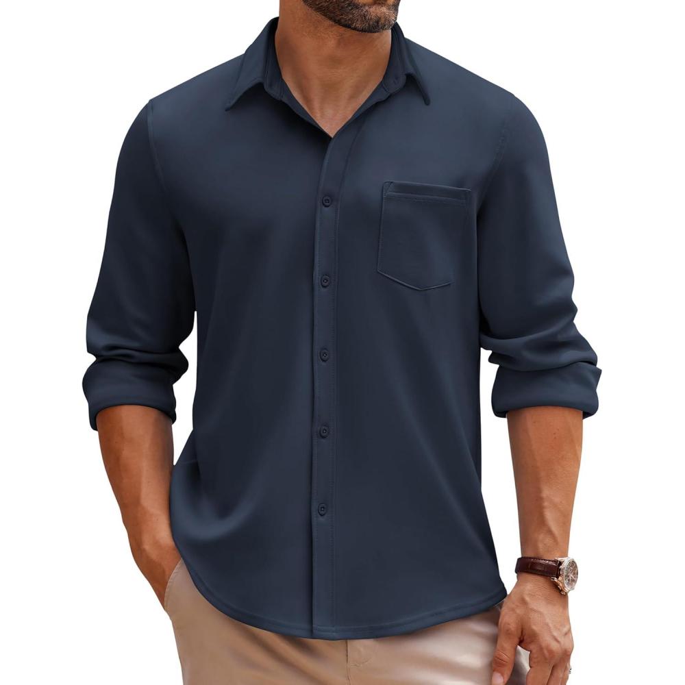 imageCOOFANDY Mens Long Sleeve Button Down Shirt Wrinkle Free Casual Shirt for Men Untucked Shirts with Pocket for WeddingNavy Blue