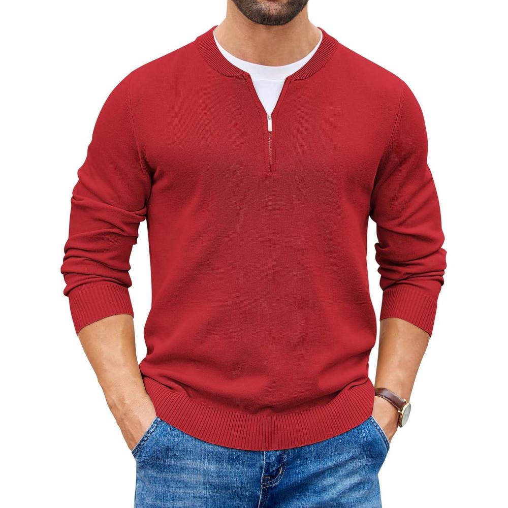 imageCOOFANDY Mens Quarter Zip Pullover Slim Fit Dress Sweaters Lightweight Mock Neck Knit SweaterDark Red