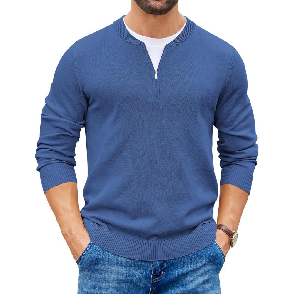 imageCOOFANDY Mens Quarter Zip Pullover Slim Fit Dress Sweaters Lightweight Mock Neck Knit SweaterDenim Blue