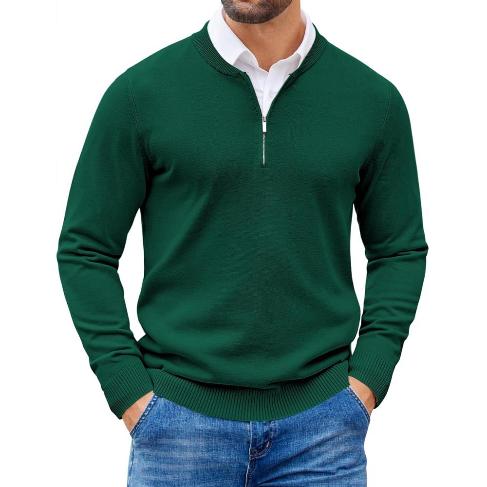 imageCOOFANDY Mens Quarter Zip Pullover Slim Fit Dress Sweaters Lightweight Mock Neck Knit SweaterGreen
