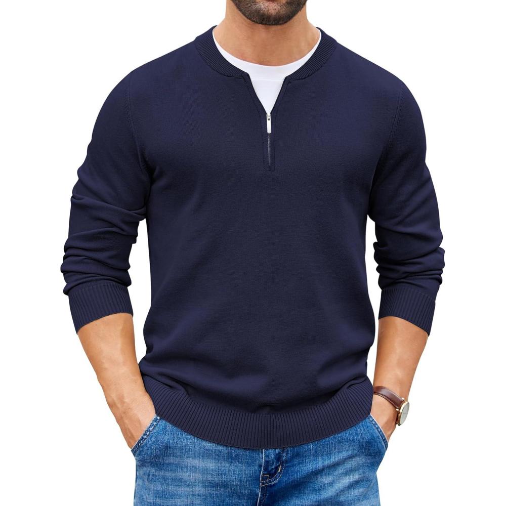 imageCOOFANDY Mens Quarter Zip Pullover Slim Fit Dress Sweaters Lightweight Mock Neck Knit SweaterNavy Blue